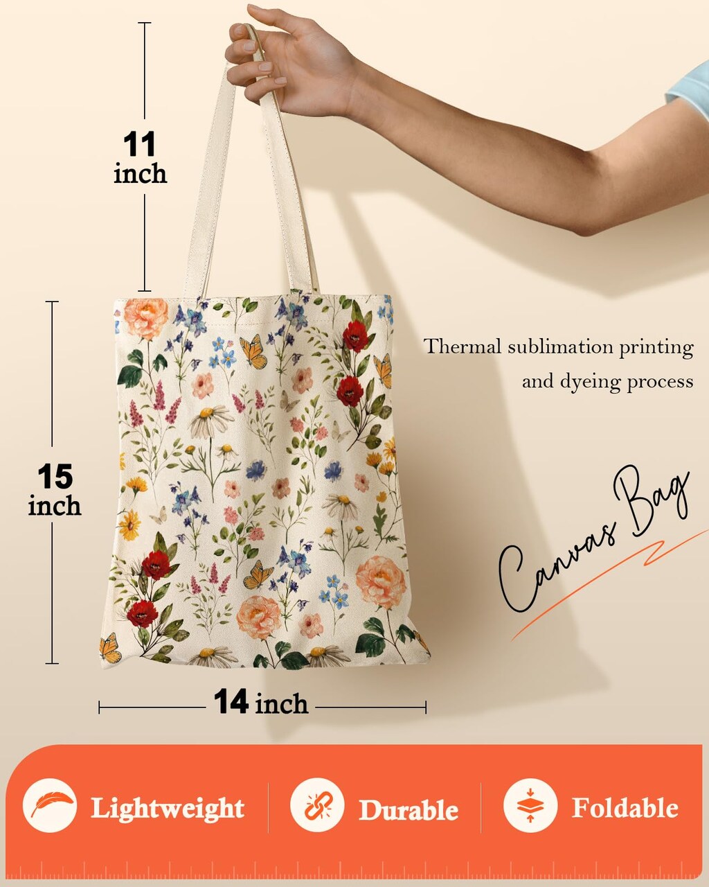 1 Pack Aesthetic Canvas Tote Bag with Pattern for Women, Cottagecore Elegant Mixed Flower Botanical Design Casual Sturdy Cloth Cotton Floral Totes Bag for Vacation, Shopping, Grocery, Work, Gym